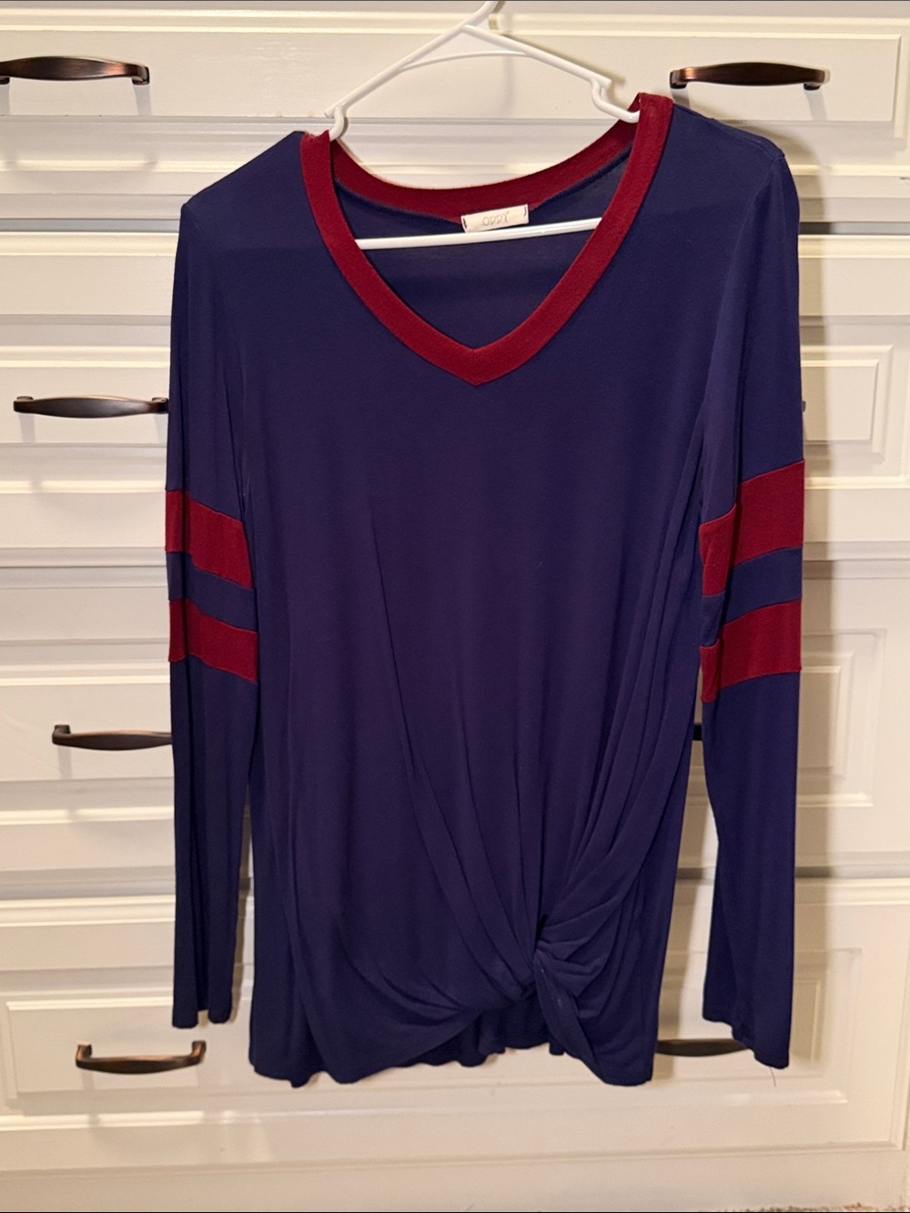 ODDY Navy Long Sleeve V-Neck Top with Burgundy Trim